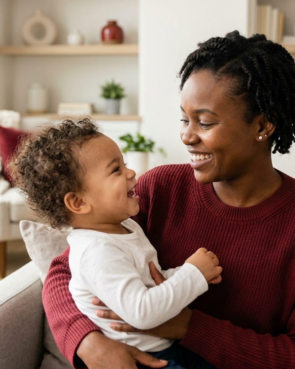 Smiling Kenyan nanny in a clean modern home, representing trusted domestic help